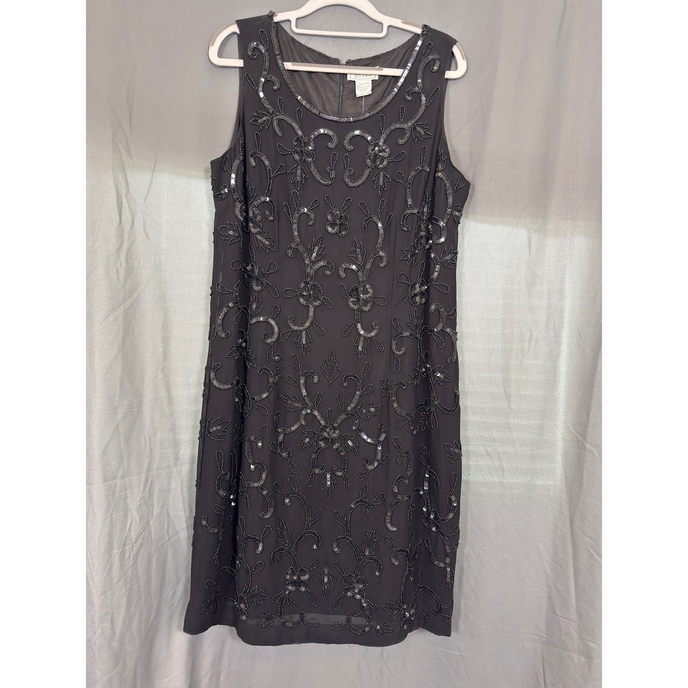 Jennifer Moore Black Beaded Sequin Sleeveless Cocktail Dress Floral Sheath L